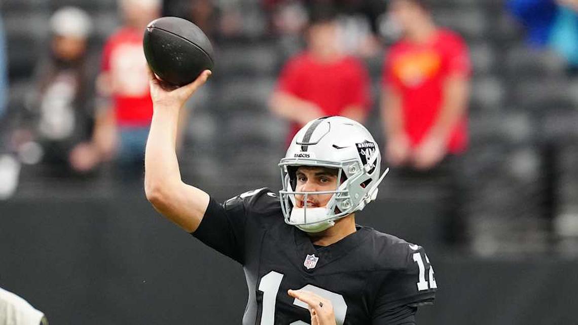  Jan 4, 2026; Paradise, Nevada, USA; Las Vegas Raiders quarterback Aidan O'Connell (12) warms up before a game against the Kansas City Chiefs at Allegiant Stadium. Mandatory Credit: Stephen R. Sylvanie-Imagn Images | Stephen R. Sylvanie-Imagn Images 