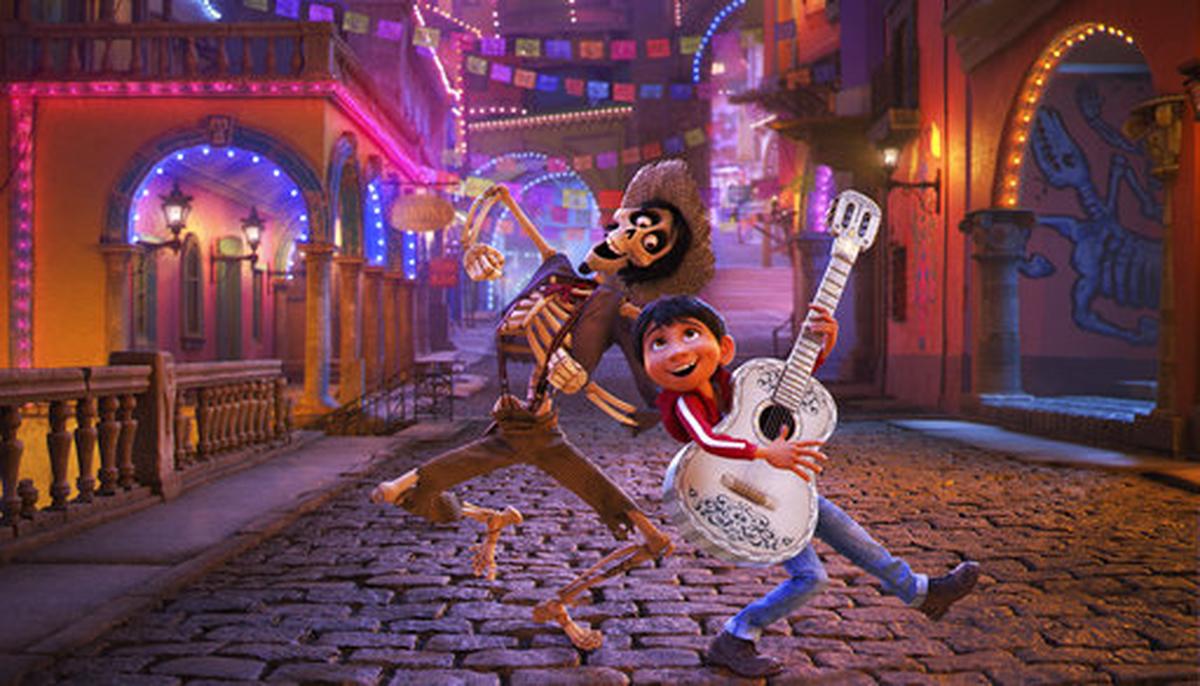 In this image released by Disney-Pixar, character Hector, voiced by Gael Garcia Bernal, left, and Miguel, voiced by Anthony Gonzalez, appear in a scene from the animated film, "Coco." Pixar's "Coco" swept the 45th Annie Awards, winning 11 awards at the annual ceremony honoring the year's best in animation.