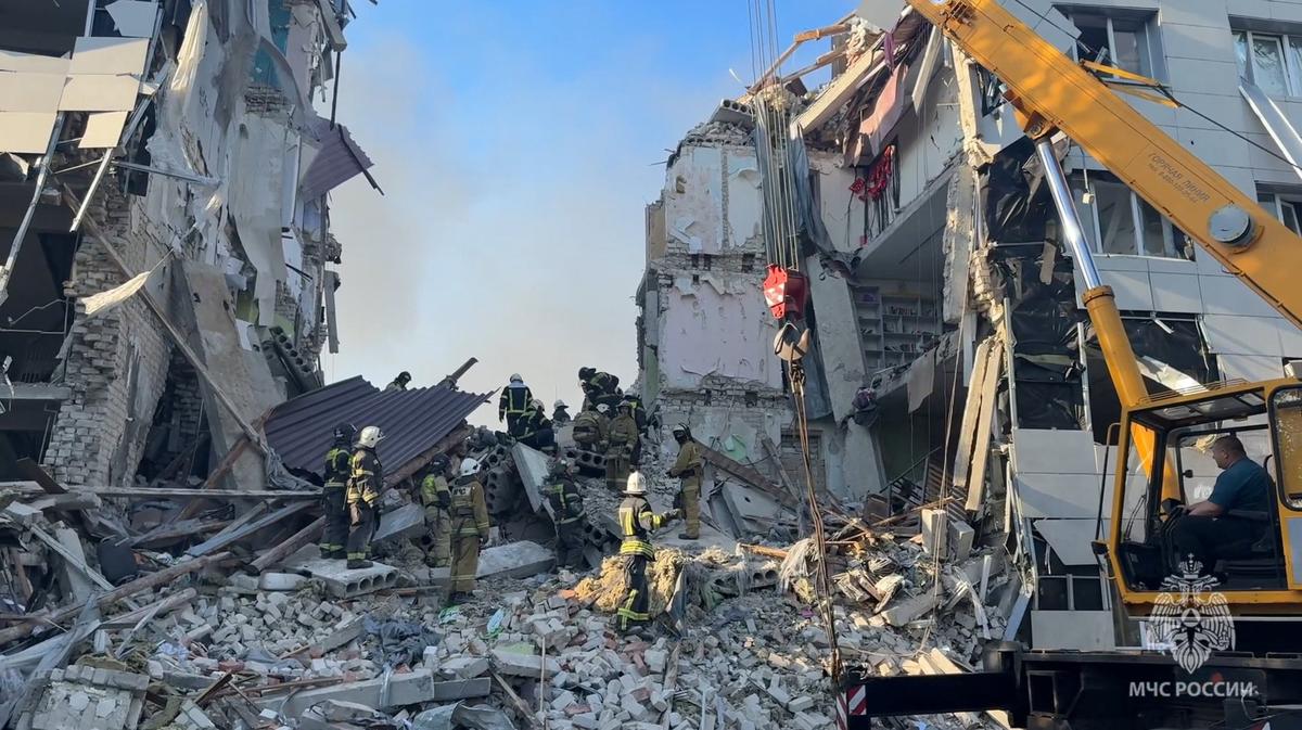 Rescuers work amid debris of a destroyed dormitory building of the Starobilsk College of Luhansk Pedagogical University following an overnight attack, what Russian-installed authorities called a Ukrainian drone strike, in the course of the Russia-Ukraine conflict in the town of Starobilsk (Starobelsk) in the Luhansk region, a Russian-controlled area of Ukraine, May 22, 2026, in this still image taken from video. Russian Emergencies Ministry in Lugansk Region/Handout via REUTERS