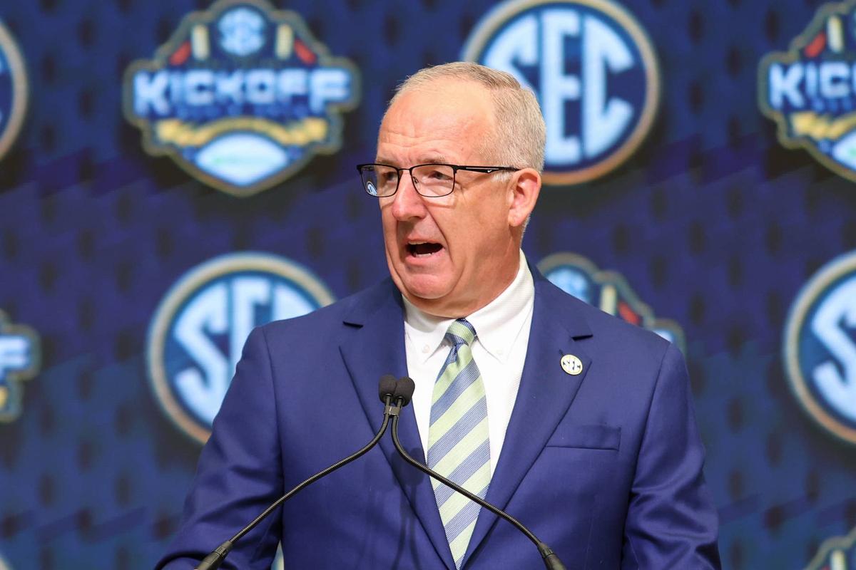  Jul 16, 2025; Atlanta, GA, USA; SEC commissioner Greg Sankey speaks to the media during the SEC Media Day at Omni Atlanta Hotel. Mandatory Credit: Jordan Godfree-Imagn Images 