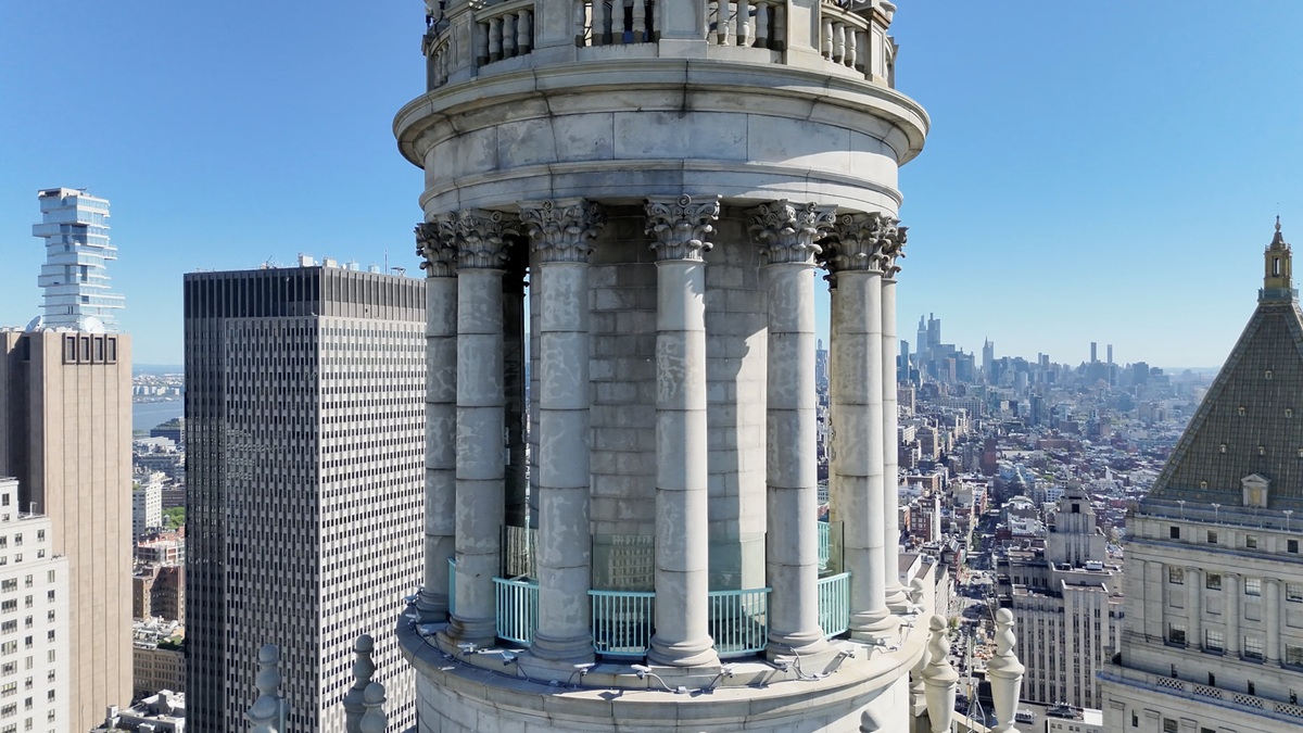 An exterior view of the cupola of the Municipal Building.