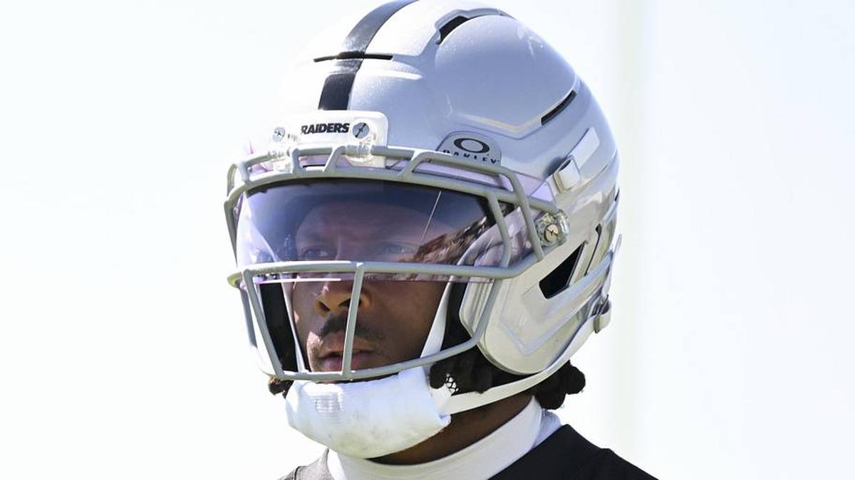  May 20, 2026; Henderson, NV, USA; Las Vegas Raiders wide receiver Tre Tucker (1) practices during organized team activities at Intermountain Health Performance Center. Mandatory Credit: Candice Ward-Imagn Images | Candice Ward-Imagn Images 