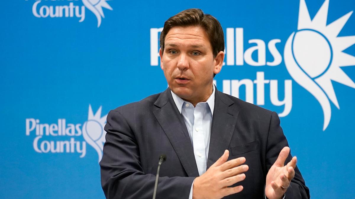 Florida Gov. Ron DeSantis speaks during a news conference on Hurricane Ian at the Pinellas County Emergency Operations Center on Sept. 26, 2022, in Largo, Fla.