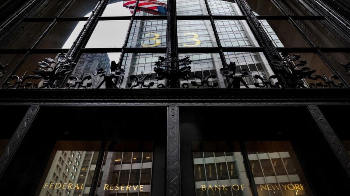 FILE PHOTO: The entrance to The Federal Reserve Bank of New York is seen in New York City, U.S., March 13, 2023.  REUTERS/Brendan McDermid/ File Photo