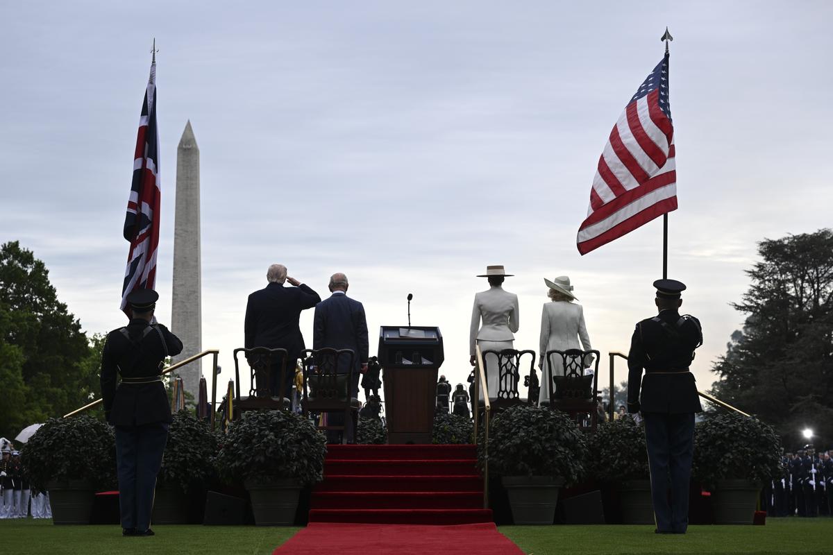 From left: President Donald Trump, King Charles III, first lady Melania Trump and Queen Camilla during an arrival ceremony on the South Lawn of the White House in Washington, on Tuesday, April 28, 2026. (Kenny Holston/The New York Times)