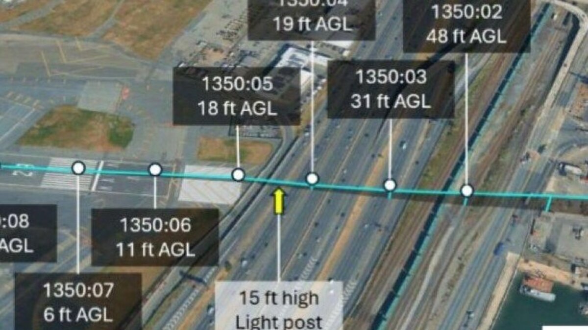 A graphic shows where United Airlines Flight 169 clipped a 15-foot-high light post along the New Jersey Turnpike as it was approaching Newark Liberty International Airport on May 3. Image courtesy National Transportation Safety Board