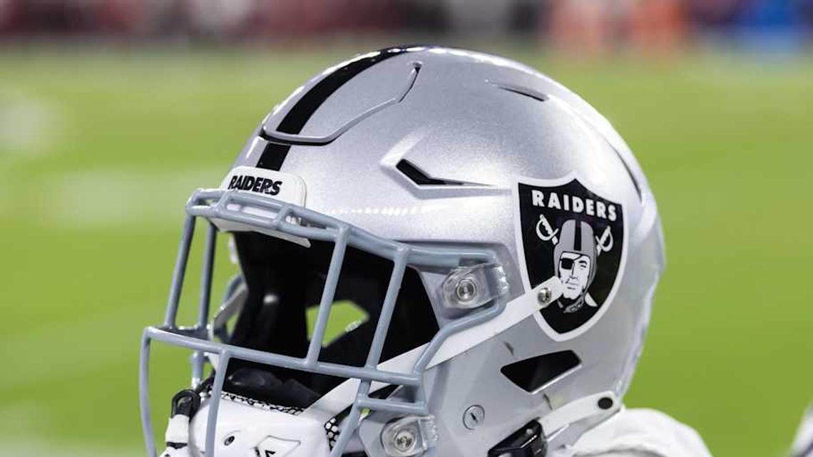  Aug 23, 2025; Glendale, Arizona, USA; Detailed view of a Las Vegas Raiders helmet during a preseason NFL game at State Farm Stadium. Mandatory Credit: Mark J. Rebilas-Imagn Images | Mark J. Rebilas-Imagn Images 