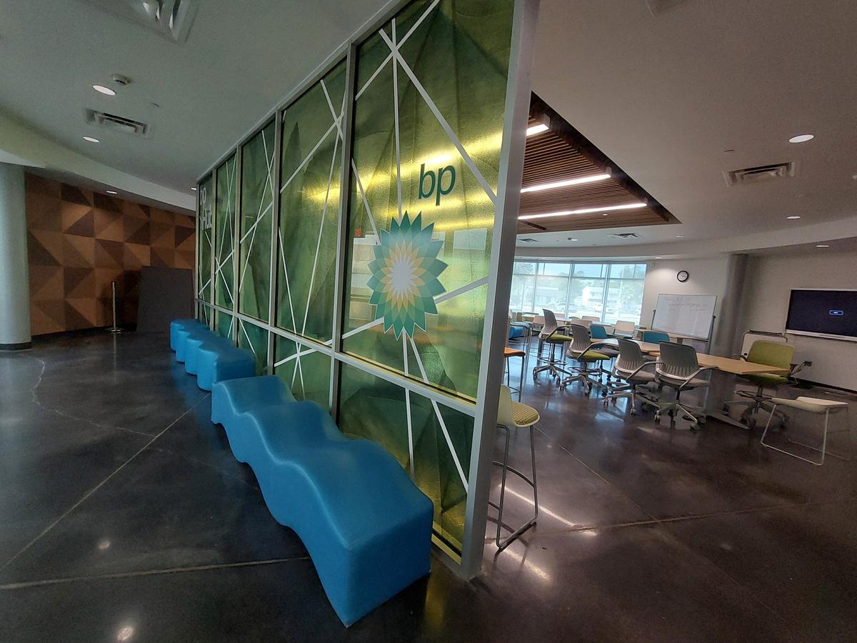  BP is a major funder of Energy Institute High School in Houston and sponsors its student lounge. Credit: Jordan Gass-Pooré for The Hechinger Report