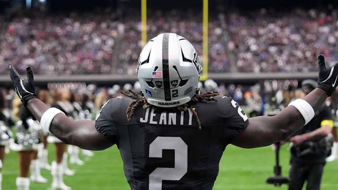  Dec 28, 2025; Paradise, Nevada, USA; Las Vegas Raiders running back Ashton Jeanty (2) enters the field before the game against the New York Giants at Allegiant Stadium. Mandatory Credit: Kirby Lee-Imagn Images | Kirby Lee-Imagn Images 