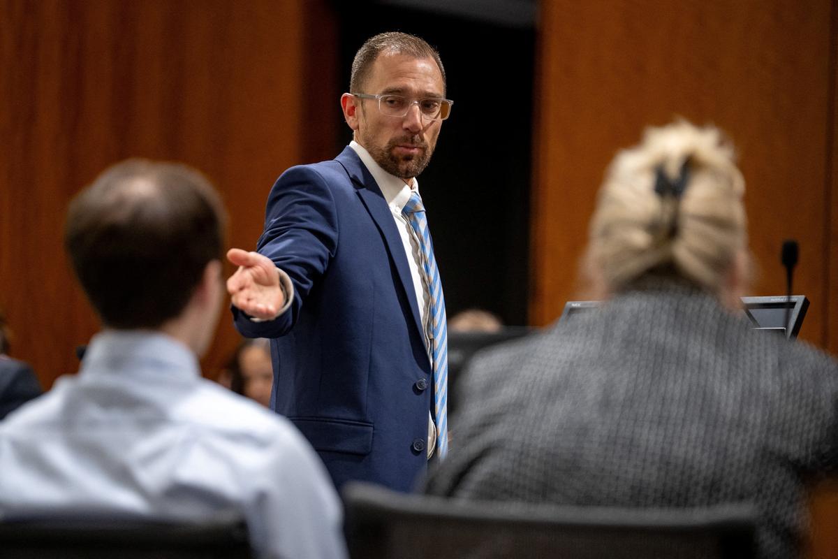 Deputy Utah County Attorney Ryan McBride gestures to the defense table of Tyler Robinson and lawyer Kathryn Nester as they attend a hearing for Robinson, accused in the fatal shooting of conservative activist Charlie Kirk, in 4th District Court in Provo, Utah, U.S., April 17, 2026.  Trent Nelson/Pool via REUTERS