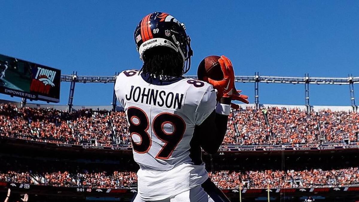  Sep 17, 2023; Denver, Colorado, USA; Denver Broncos wide receiver Brandon Johnson (89) celebrates after his touchdown in the second quarter against the Washington Commanders at Empower Field at Mile High. Mandatory Credit: Isaiah J. Downing-Imagn Images | Isaiah J. Downing-Imagn Images 