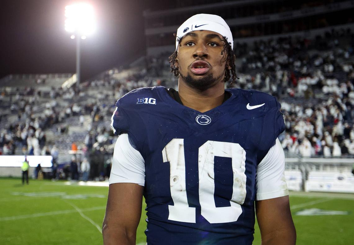  Nov 22, 2025; University Park, Pennsylvania, USA; Penn State Nittany Lions running back Nicholas Singleton (10) stands on the field following the game against the Nebraska Cornhuskers at Beaver Stadium. Mandatory Credit: Matthew O'Haren-Imagn Images © Matthew O'Haren-Imagn Images.