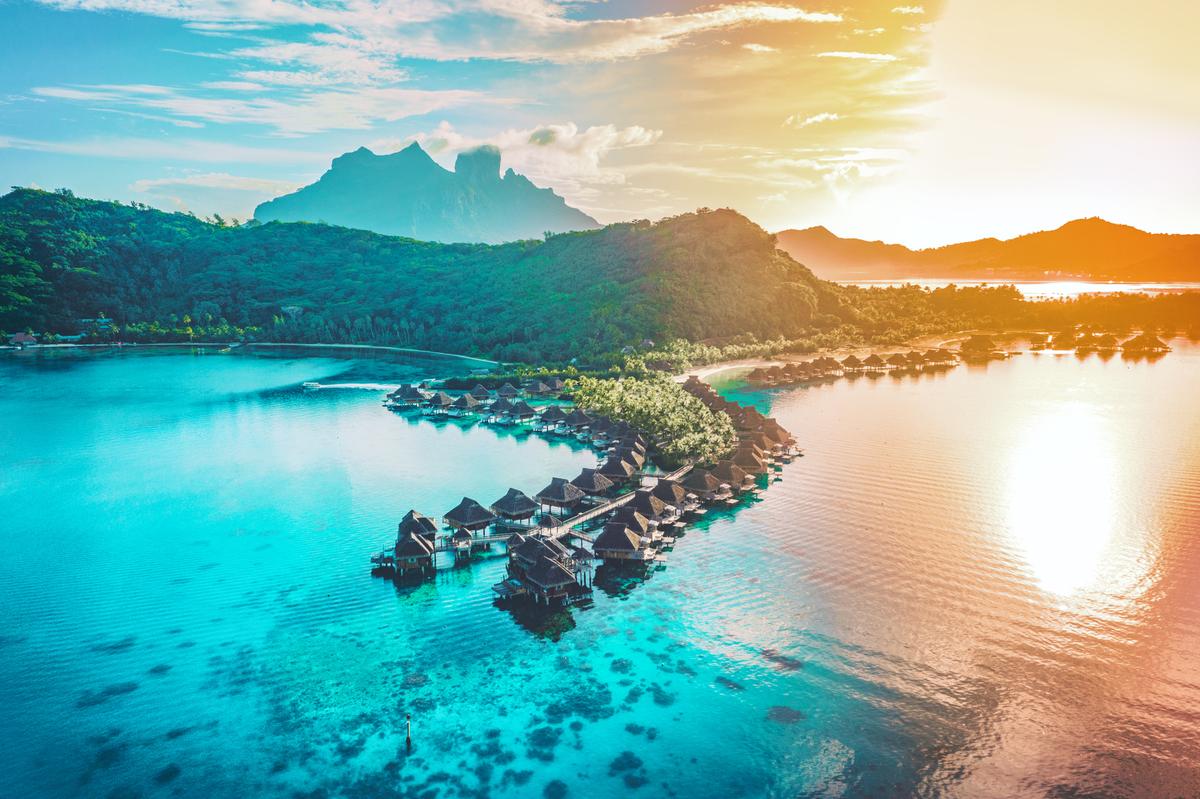  A view of a coral reef lagoon on Bora Bora Island in Tahiti, French Polynesia. 
