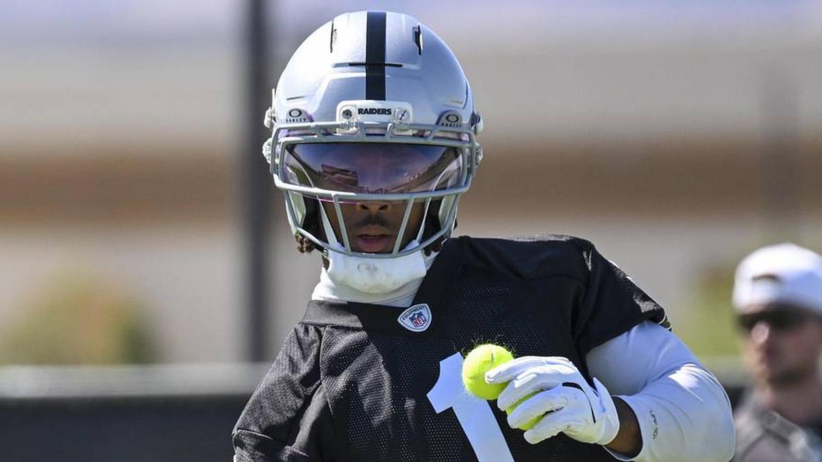  May 20, 2026; Henderson, NV, USA; Las Vegas Raiders wide receiver Tre Tucker (1) practices during organized team activities at Intermountain Health Performance Center. Mandatory Credit: Candice Ward-Imagn Images | Candice Ward-Imagn Images 