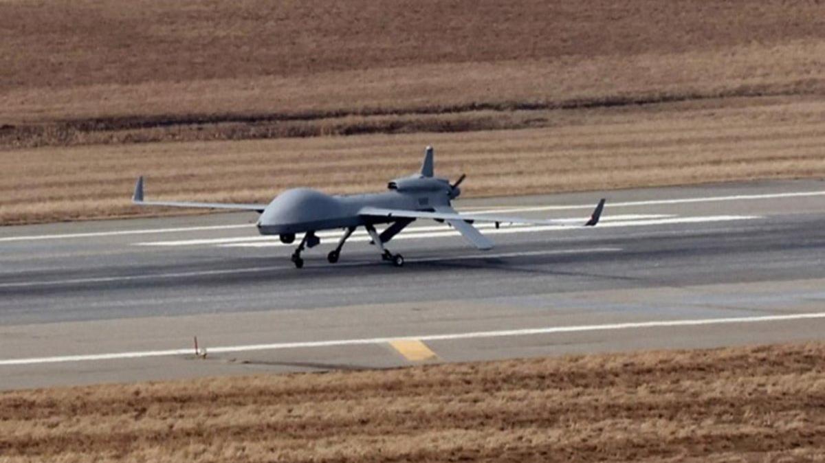 A Grey Eagle unmanned attack aircraft prepares to take off at US Camp Humphreys in Pyeongtaek, South Korea. Photo by YONHAP / EPA