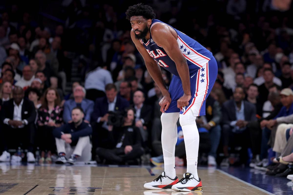  May 4, 2026; New York, New York, USA; Philadelphia 76ers center Joel Embiid (21) reacts during the first quarter of game one of the eastern conference semifinal round of the 2026 NBA Playoffs against the New York Knicks at Madison Square Garden. Mandatory Credit: Brad Penner-Imagn Images 
