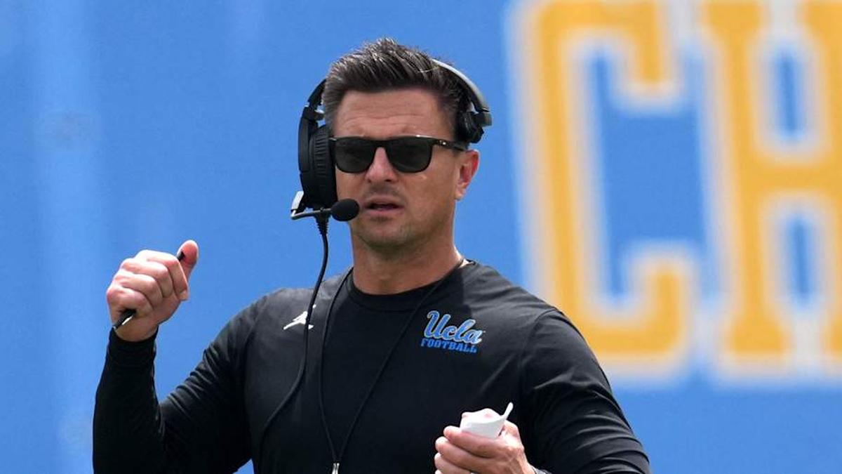  May 2, 2026; Pasadena, CA, USA; UCLA Bruins coach Bob Chesney reacts during the spring game at Rose Bowl. Mandatory Credit: Kirby Lee-Imagn Images | Kirby Lee-Imagn Images 