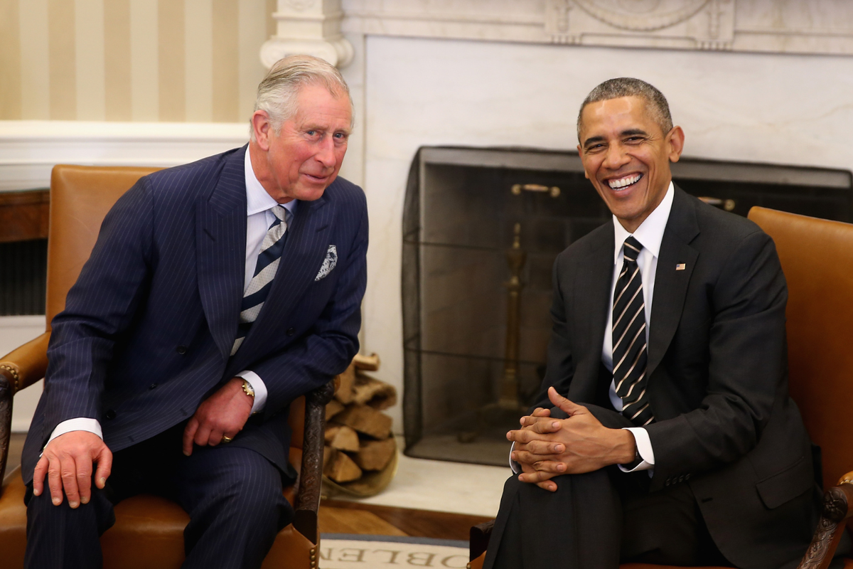  Prince Charles, left, smiles with President Barack Obama in the Oval Office on the third day of a visit to the United States on March 19, 2015, in Washington, D.C. 