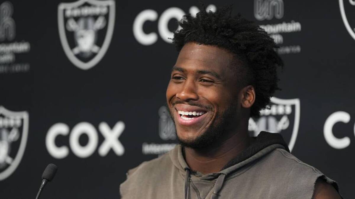  Jun 3, 2026; Henderson, NV, USA; Las Vegas Raiders defensive end Malcolm Koonce (51) speaks during a news conference during organized team activities at Intermountain Health Performance Center. Mandatory Credit: Candice Ward-Imagn Images | Candice Ward-Imagn Images 