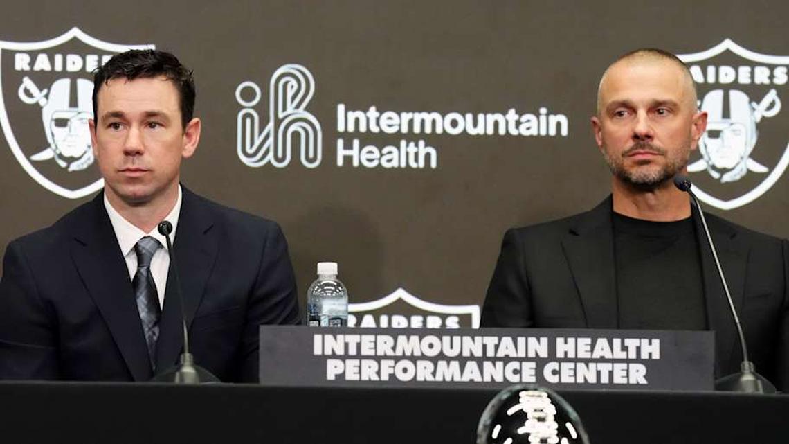  Feb 10, 2026; Henderson, NV, USA; Las Vegas Raiders coach Klint Kubiak (left) and general manager John Spytek at introductory press conference at Intermountain Health Performance Center. Mandatory Credit: Kirby Lee-Imagn Images | Kirby Lee-Imagn Images 