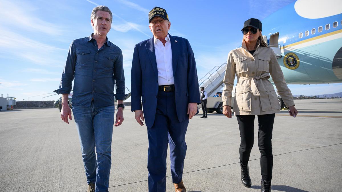 President Donald Trump, Melania Trump and California Gov. Gavin Newsom are pictured at Los Angeles International Airport on Jan. 24, 2025.