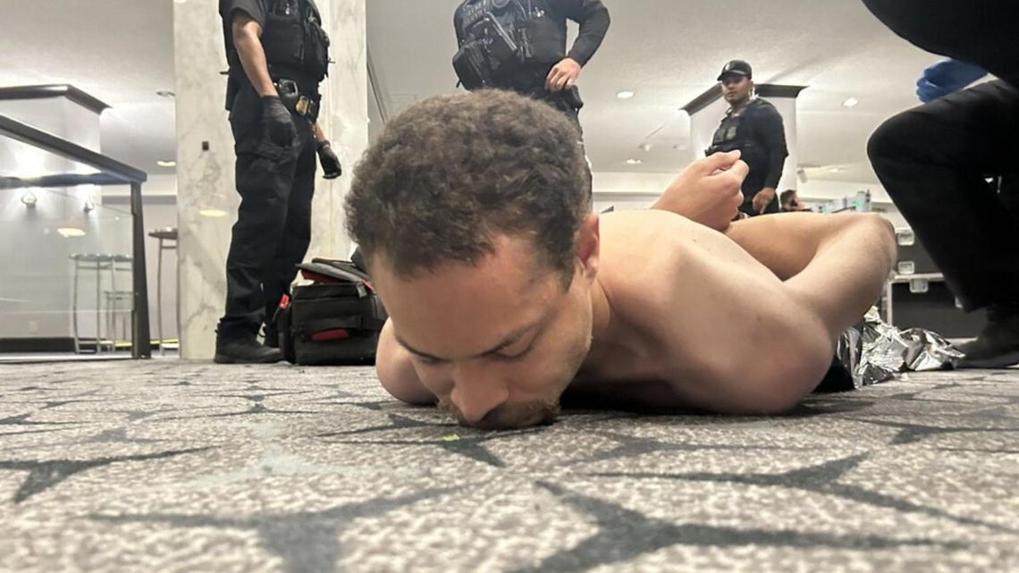 Cole Thomas Allen, 31, of Torrence, Calif., was tackled and arrested by the U.S. Secret Service after he rushed the ballroom doors of the Washington Hilton with a shotgun during the Washington Press Association Correspondents' Dinner in Washington, D.C., on Saturday. Photo courtesy Donald Trump/Truth Social