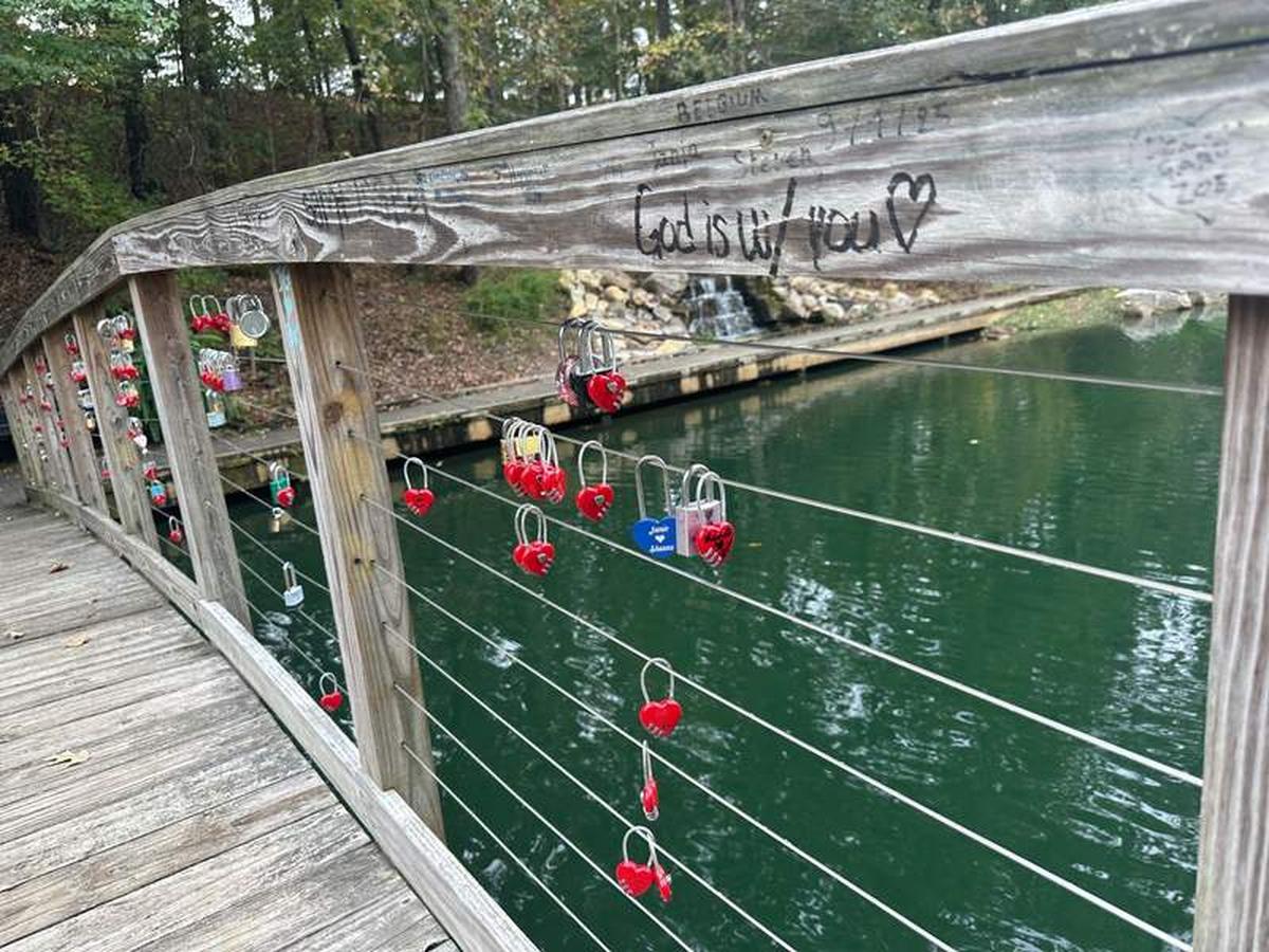  The bridge over the reflective pond had heart-shaped locks. Photo credit: Robin O’Neal Smith 