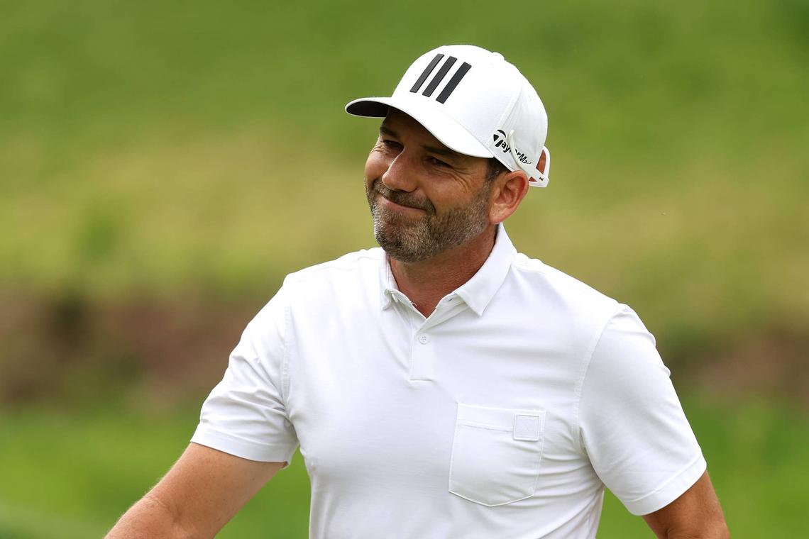  POTOMAC, MARYLAND - MAY 05: Sergio Garcia of Spain reacts on the tenth green during the first round of the Wells Fargo Championship at TPC Potomac Clubhouse on May 05, 2022 in Potomac, Maryland. (Photo by Gregory Shamus/Getty Images) 