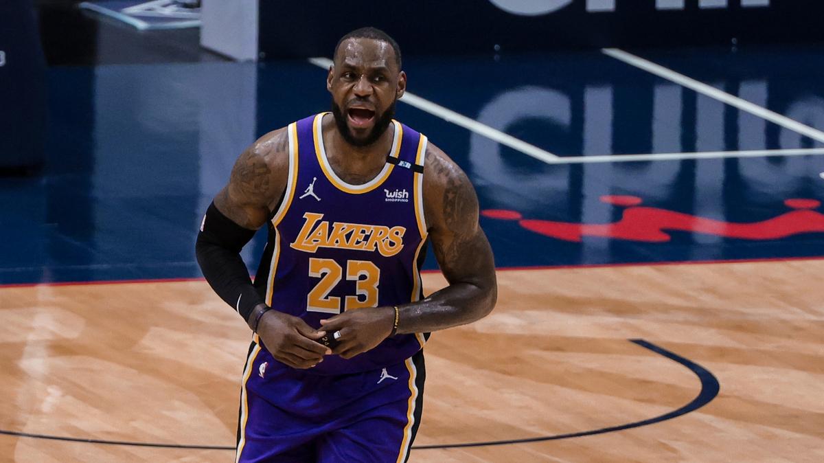 Los Angeles Lakers forward LeBron James (23) celebrates after scoring against the New Orleans Pelicans in the third quarter of an NBA basketball game in New Orleans, Sunday, May 16, 2021. (AP Photo/Derick Hingle)