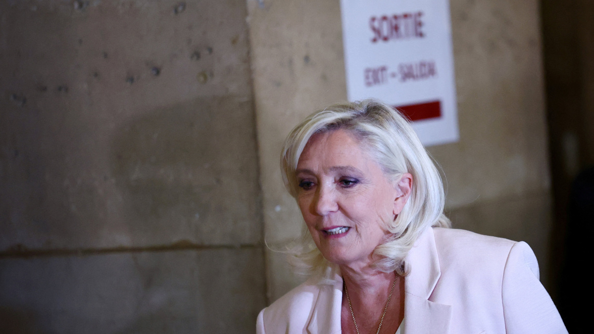 French far-right leader Marine Le Pen, member of parliament for the Rassemblement National (National Rally - RN) party, arrives to attend the verdict in her appeal trial, alongside the RN party itself and 10 others defendants found guilty of diverting European Parliament funds, at the Paris courthouse on the Ile de la Cite, in Paris, France, July 7, 2026. REUTERS/Sarah Meyssonnier