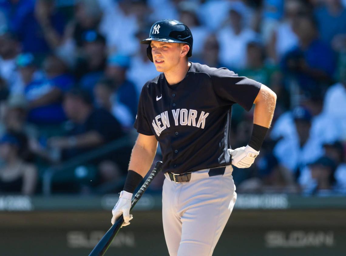  Mar 24, 2026; Mesa, Arizona, USA; New York Yankees first baseman Ben Rice against the Chicago Cubs during spring training at Sloan Park. Mandatory Credit: Mark J. Rebilas-Imagn Images 