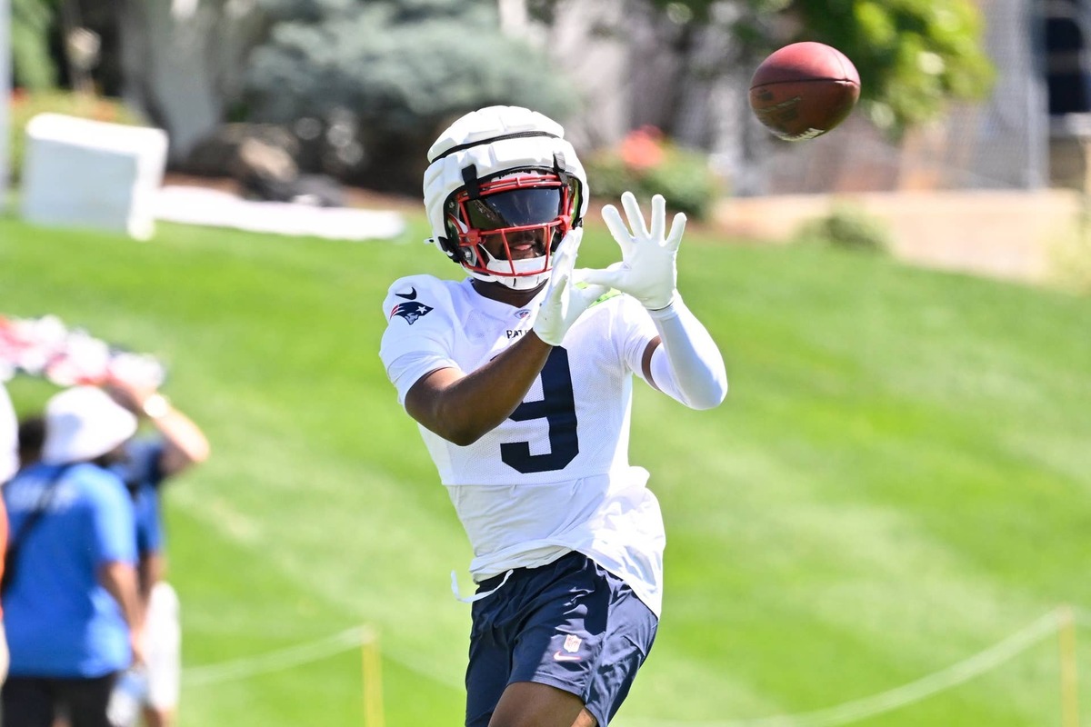  Jul 23, 2025; Foxborough, MA, USA; New England Patriots wide receiver Kayshon Boutte (9) makes a catch during training camp a year ago at Gillette Stadium. Eric Canha-Imagn Images