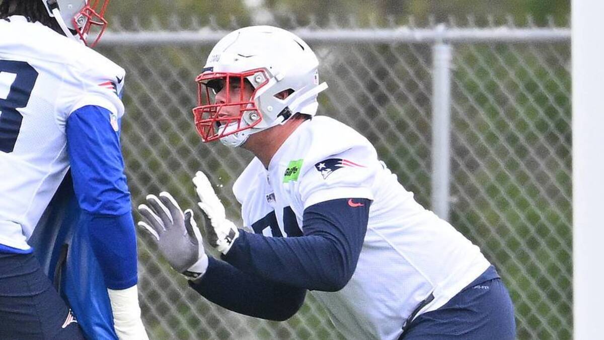 May 9, 2026; Foxborough, MA, USA; New England Patriots tackle Caleb Lomu (74) works with tackle Dametrious Crownover (68) during the New England Patriots rookie camp at Gillette Stadium. Mandatory Credit: Eric Canha-Imagn Images | IMAGN IMAGES via Reuters Connect 