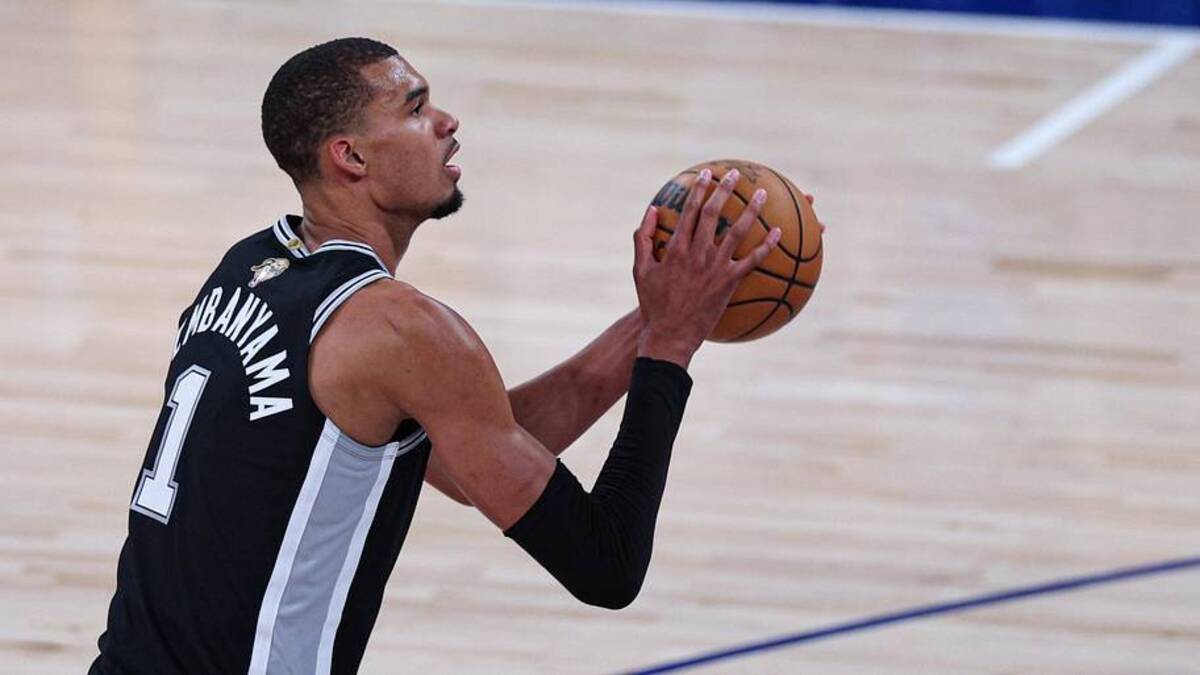  Jun 8, 2026; New York, New York, USA; San Antonio Spurs forward Victor Wembanyama (1) shoots the ball during game three of the 2026 NBA Finals against the New York Knicks at Madison Square Garden. | Vincent Carchietta-Imagn Images 