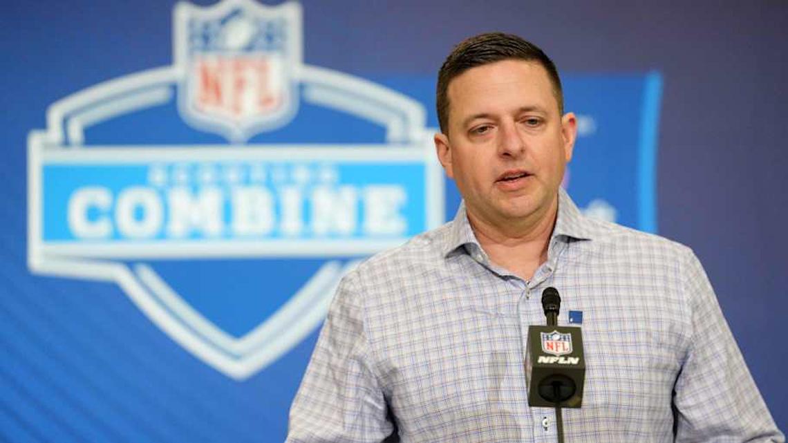 Feb 24, 2026; Indianapolis, IN, USA; New England Patriots general manager Eliot Wolf speaks at the NFL Scouting Combine at the Indiana Convention Center. Mandatory Credit: Kirby Lee-Imagn Images | Kirby Lee-Imagn Images 