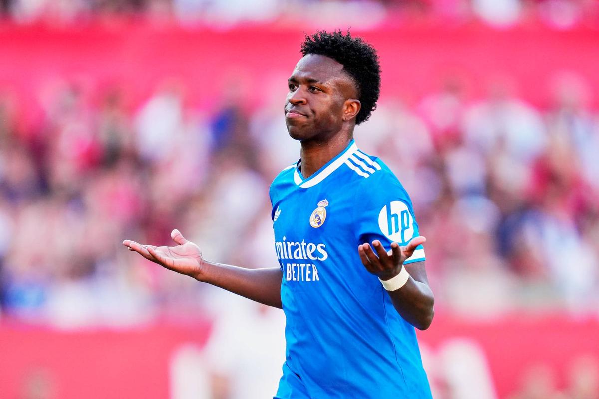  Vinicius Junior left winger of Real Madrid and Brazil celebrates after scoring his sides first goal during the LaLiga EA Sports match between Sevilla FC and Real Madrid CF at Estadio Ramon Sanchez Pizjuan on May 17, 2026 in Seville, Spain. (Photo by Jose Breton/Pics Action/NurPhoto via Getty Images) Photo by Jose Breton/Pics Action/NurPhoto via Getty Images