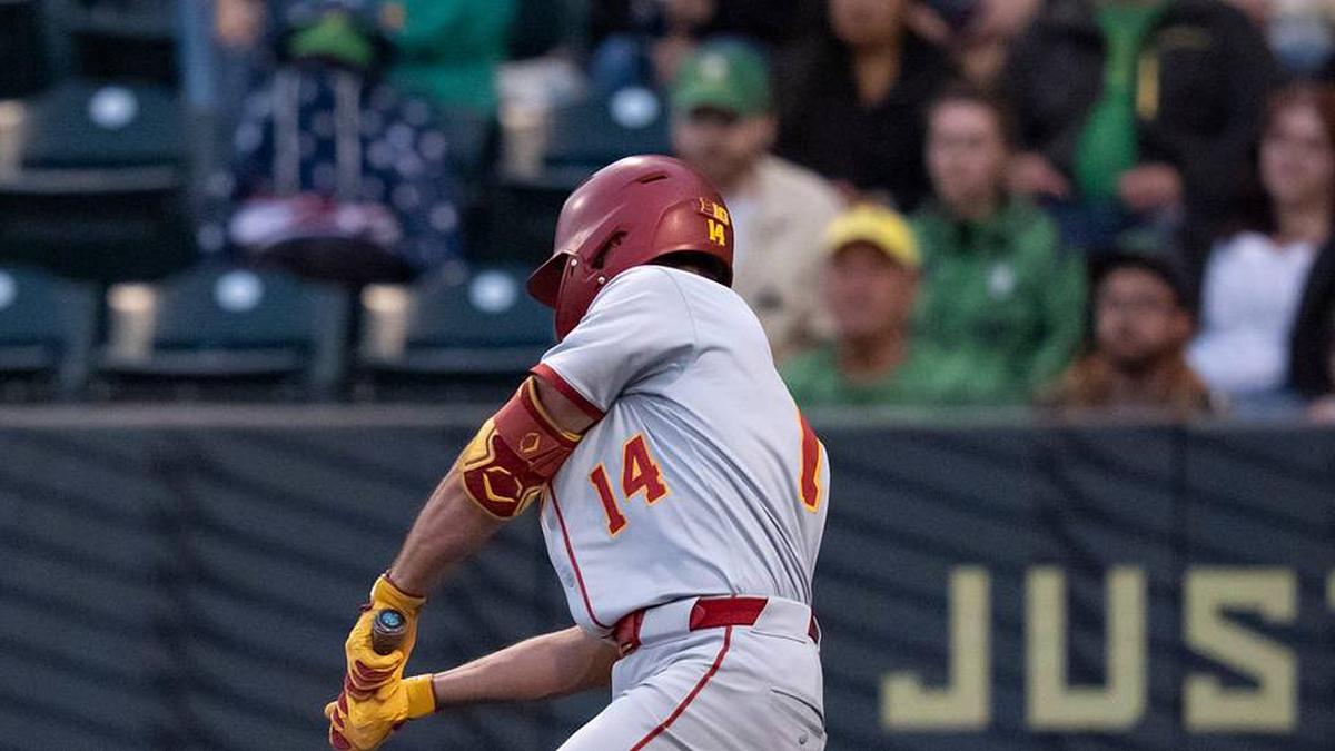  USC outfielder Jack Basseer hits a single as the Oregon Ducks host the USC Trojans on May 14, 2026, in Eugene, Oregon. | Ben Lonergan/The Register-Guard / USA TODAY NETWORK via Imagn Images 