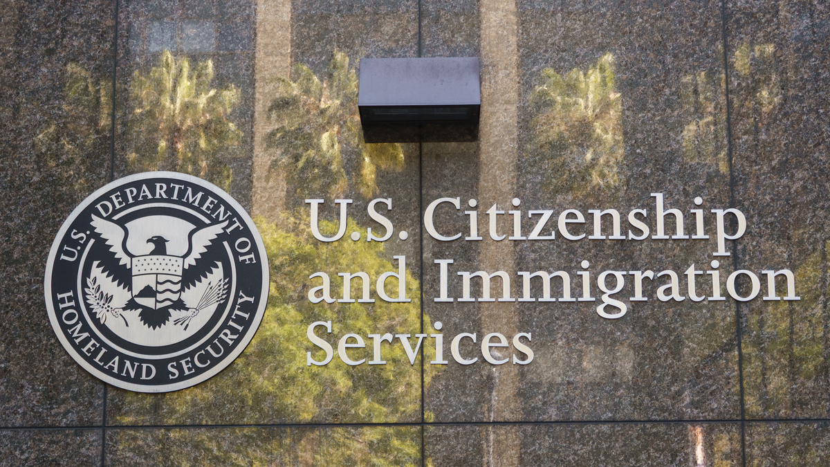 U.S. Citizenship and Immigration Services Office In San Diego. The U.S. Department Of Homeland Security logo is displayed at a Citizenship and Immigration Services office on January 16, 2026 in San Diego, CA. 