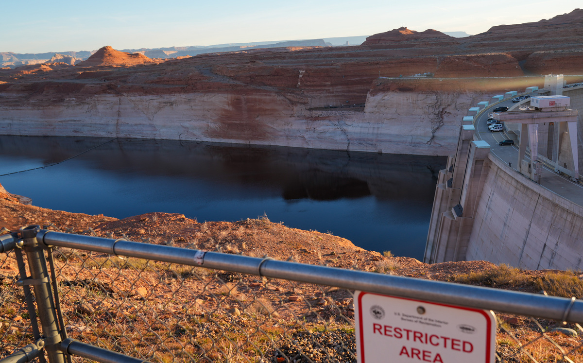 The 710-foot-high Glen Canyon Dam that impounds the Colorado River is an important source of hydroelectric power in the area, generating 1,320 megawatts of power to serve upward of 1 million homes in the Southwest, although the amount of power the dam generates has been dropping along with the water levels in Lake Powell. The white “bathtub ring” shows the highest level the lake ever reached.