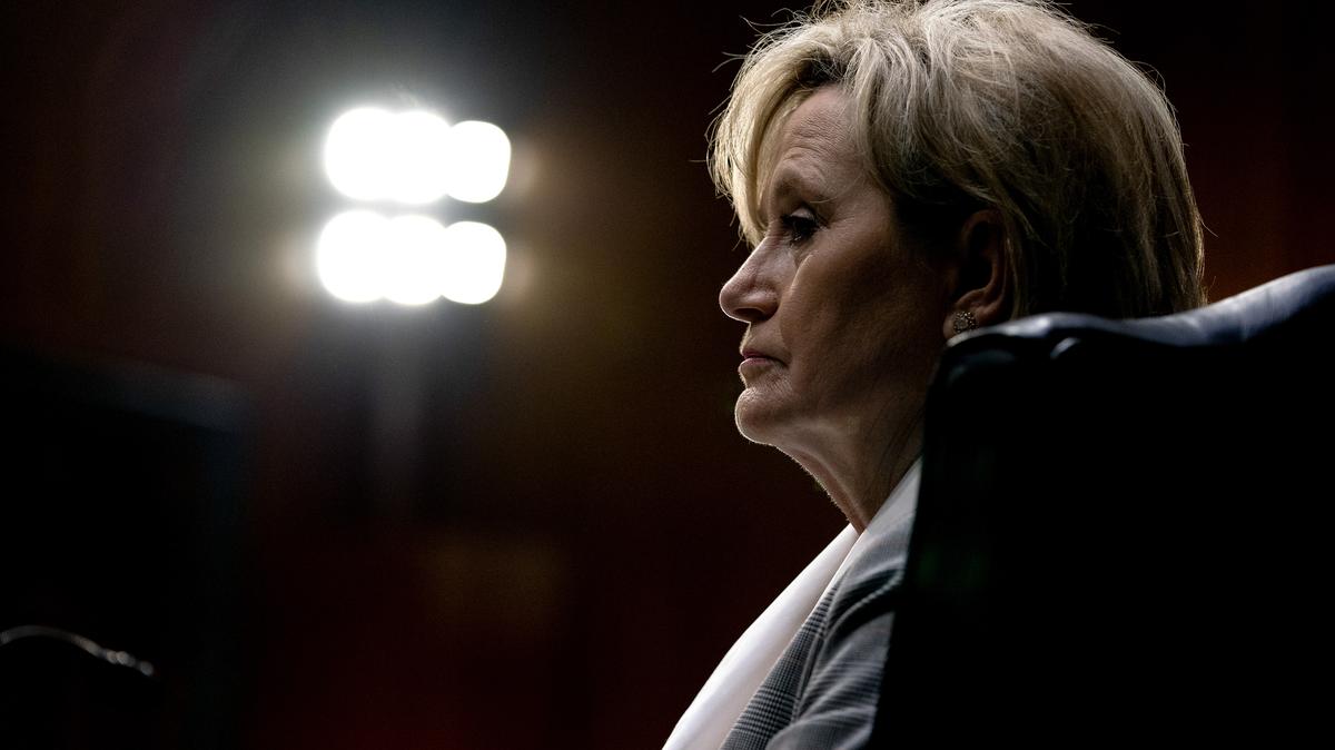 Sen. Cindy Hyde-Smith (R-Miss.) listens during a Senate Appropriations subcommittee hearing at the U.S. Capitol in Washington, June 8, 2021.
