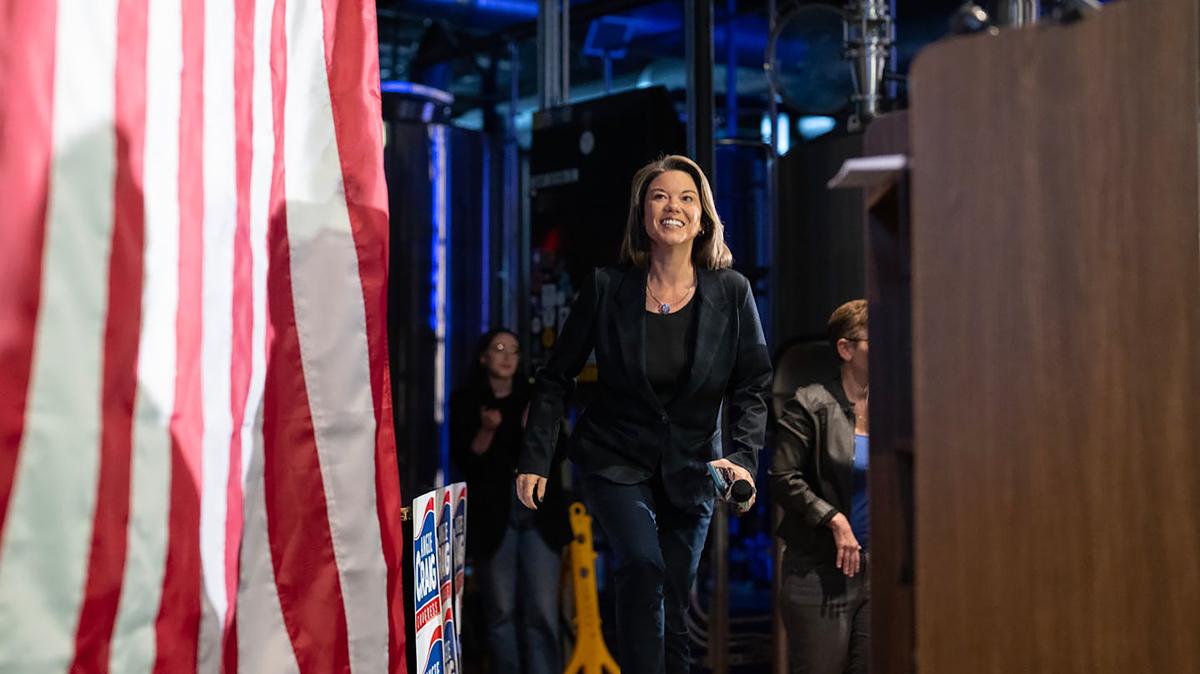 U.S. Rep. Angie Craig steps up to the podium to speak to the crowd during her campaign's official watch party in Eagan, Minnesota, on Nov. 4, 2024. Now, she's running for her party's endorsement in the U.S. Senate race. (Alex Kormann/The Minnesota Star Tribune/TNS)