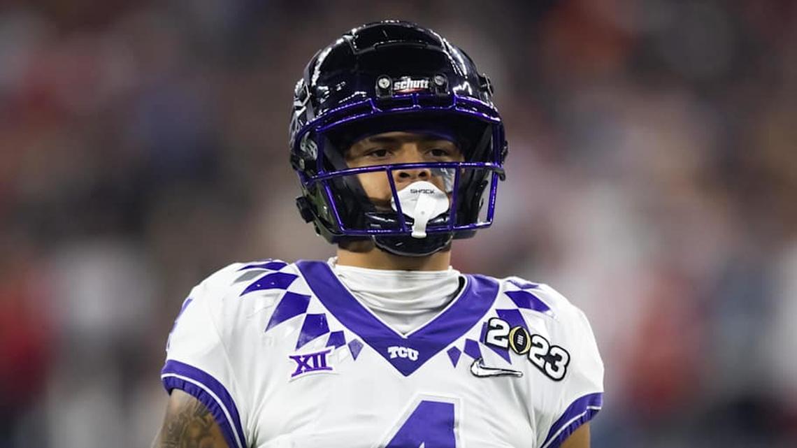  Jan 9, 2023; Inglewood, CA, USA; TCU Horned Frogs safety Namdi Obiazor (4) against the Georgia Bulldogs during the CFP national championship game at SoFi Stadium. Mandatory Credit: Mark J. Rebilas-Imagn Images | Mark J. Rebilas-Imagn Images 