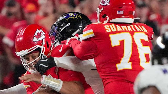  Sep 5, 2024; Kansas City, Missouri, USA; Kansas City Chiefs quarterback Patrick Mahomes (15) is sacked by Baltimore Ravens linebacker David Ojabo (90) during the first half at GEHA Field at Arrowhead Stadium. Mandatory Credit: Denny Medley-Imagn Images | Denny Medley-Imagn Images 