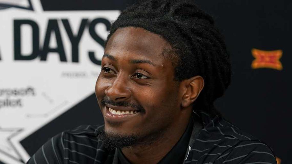  Jul 8, 2025; Frisco, TX, USA; Iowa State defensive back Jontez Williams answers questions from the media during 2025 Big 12 Football Media Days at The Star. Mandatory Credit: Raymond Carlin III-Imagn Images | Raymond Carlin III-Imagn Images 