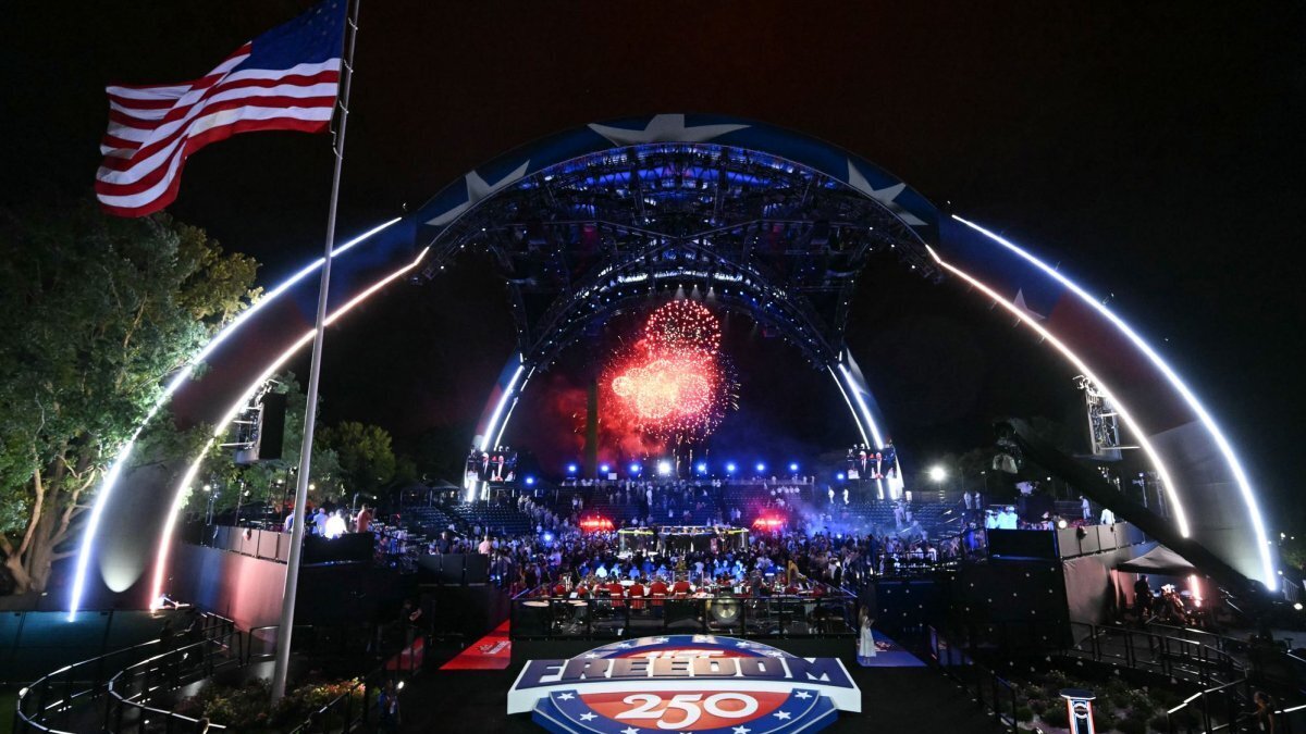 Fireworks go off as America's Justin Gaethje celebrates after defeating Georgia's Ilia Topuria during UFC Freedom 250 mixed martial arts event on the South Lawn of the White House in the early morning hours Monday. Pool photo by Saul Loeb/UPI