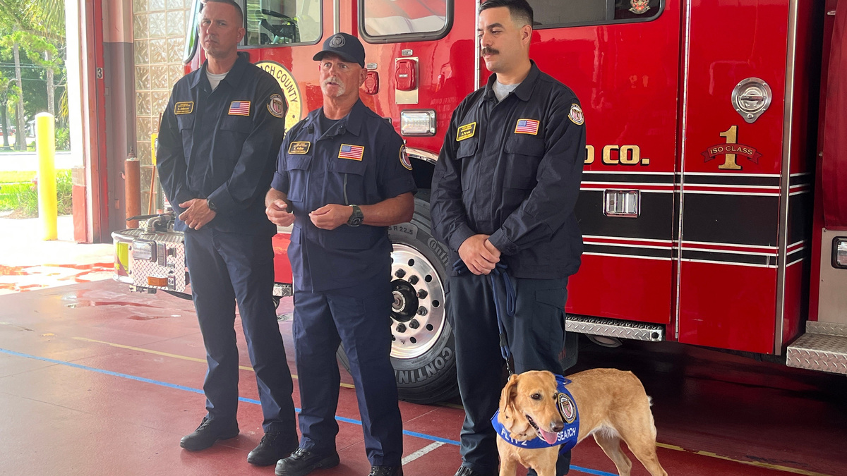 Palm Beach County Fire Rescue Battalion Chief Eric Johnson, left, Firefighter Sam Adler and Lt. Alexander Parada share their experiences in the Venezuelan earthquake rescue efforts during a news conference in Jupiter on July 9, 2026.