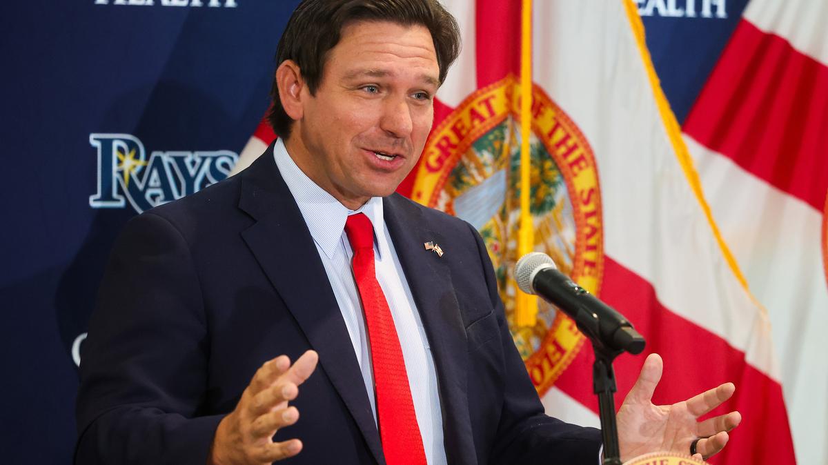 Florida Gov. Ron DeSantis addresses news media and local officials during a news conference in Tampa on Feb. 3, 2026. (Dirk Shadd/Tampa Bay Times/TNS)