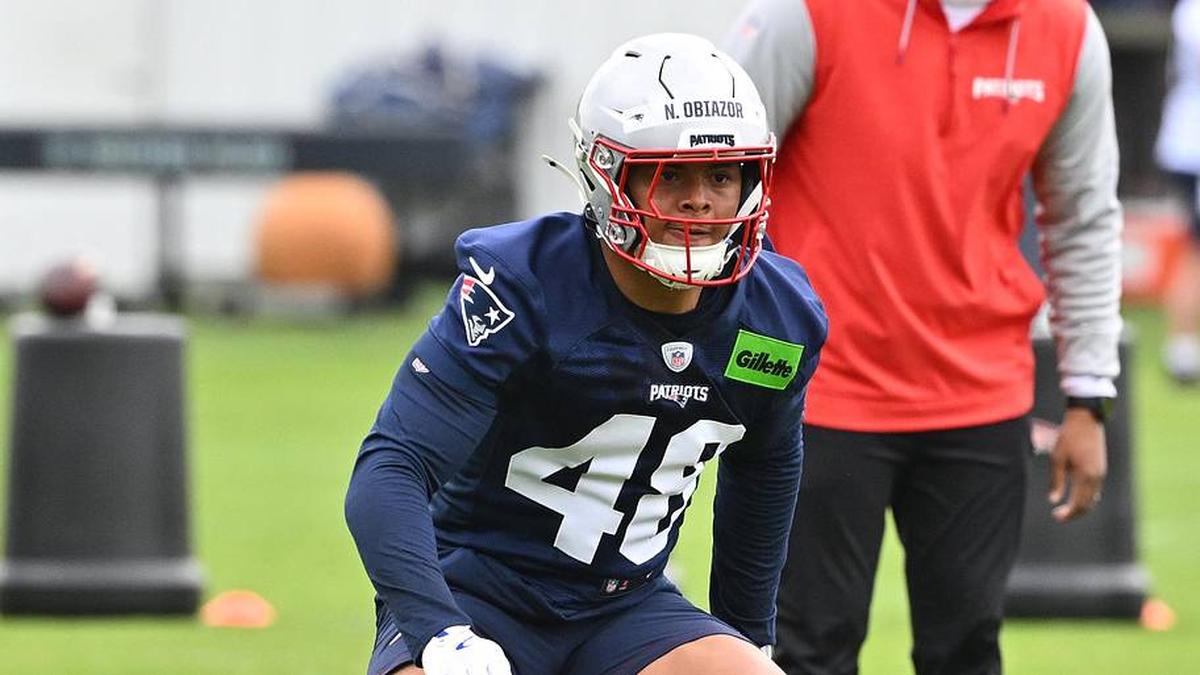  May 9, 2026; Foxborough, MA, USA; New England Patriots linebacker Namdi Obiazor (48) does a drill with running back Myles Montgomery (39) during the New England Patriots rookie camp at Gillette Stadium. Mandatory Credit: Eric Canha-Imagn Images | Eric Canha-Imagn Images 