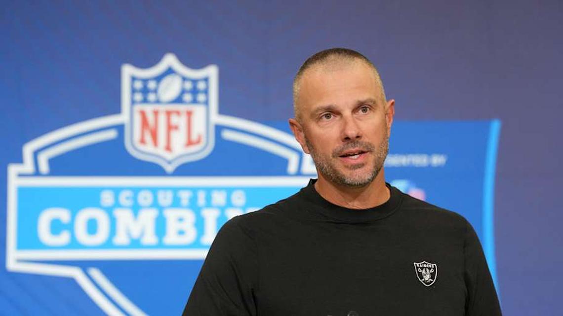  Feb 24, 2026; Indianapolis, IN, USA; Las Vegas Raiders general manager John Spytek speaks at the NFL Scouting Combine at the Indiana Convention Center. Mandatory Credit: Kirby Lee-Imagn Images | Kirby Lee-Imagn Images 