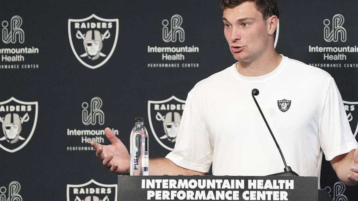  May 2, 2026; Henderson, NV, USA; Las Vegas Raiders quarterback Fernando Mendoza (15) speaks during a news conference at the team's Rookie Minicamp at Intermountain Health Performance Center. Mandatory Credit: Candice Ward-Imagn Images | Candice Ward-Imagn Images 